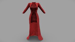 Female Overdress Velvet Gown neck, red, high, front, fashion, girls, jacket, open, long, clothes, with, coat, dress, gown, belt, womens, over, wear, velvet, pbr, low, poly, female, blue, overdress