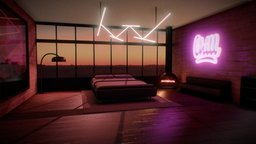 Modern Bedroom scene, room, modern, lights, sofa, cute, bed, bedroom, challenge, set, furnished, rustic, night, baked, decorative, furniture, sunset, decor, neon, props, artistic, decorations, paintings, aesthetic, cozy, rendered, pleasing, render, lowpoly, low, poly, house, home, decoration, interior, industrial, environment, aesthetically