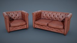 Antique leather sofa set sofa, leather, vintage, historical, antique, realistic, chesterfield, pbr