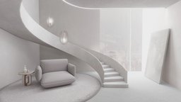 VR apartment loft interior | baked room, tea, sofa, stairs, white, loft, corner, apartment, morning, carpet, sunshine, afternoon, ceilinglamp, stair, staircase, home, building, interior, ceilinglights