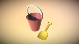 Toy Red Bucket Yellow Shovel low-poly game ready bucket, kids, toy, unreal, sand, play, vr, ar, summer, playground, beach, shovel, gameassets, toddler, unity, game, pbr, gameasset, plastic