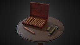 Cigar box table, lighter, cigar, 3d, noai