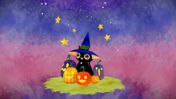 🎃 ~ Halloween Time ~ 🎃 fanart, cat, cute, stars, pumpkins, atmosphere, adorable, cutecat, blackcat, halloween, catcharacter, halloween-2021, illustrationbased, ilustratoriumsara, carvedpumkins