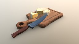 Handpainted Brie, Chopping Board, and Knife cheese, stilllife, brie, choppingboard, knife, handpainted, lowpoly, hand-painted, handpainted-lowpoly