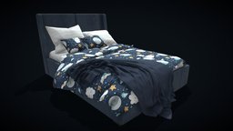 Bed Medium size bed, archviz, bedroom, blanket, clean, pillows, suede, bedroom-set, pbr, blue, gameready, bedroom-furniture