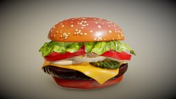 Burger in the style of a Burger King Whopper burger, food, industry, fast, cgi, seed, hamburger, king, realistic, tomato, buns, lettuce, cheese, pickles, sesame, onions, juicy, whopper, asset, 3d, art, model, digital, rendering, savory