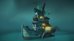 Stylized Steamboat cartoony, night, atmosphere, stylized, boat, noai