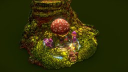 Mushroom House tree, stool, mushroom, gnome, whimsical, moss, voxel, house, home, voxelart