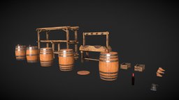 Barrels Wine Cellar barrel, games, shelf, lid, medieval, enviroment, props, box, cellar, unity, low-poly, game, 3dsmax, substance-painter, gamemodel, cup, bottle, interior