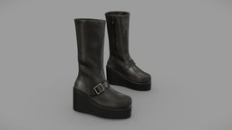 Female Platform Calf Boots leather, high, platform, flat, fashion, girls, wedge, brown, shoes, boots, realistic, real, heels, womens, calf, pbr, low, poly, female, black
