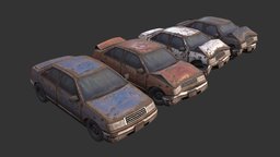 Ruined Cars (Small Freebie) abandoned, sedan, post-apocalyptic, saloon, rusty, ruined, grunge, destroyed, wrecked, crashed, lowpoly, car, free, download, gameready