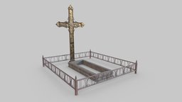 Fenced Grave With Old Brass Cross | Game Assets unreal, cemetery, grave, midpoly, metal, props, decorations, game-ready, pops, unity, lowpoly, eastern-european-style, grave-fence, noai, brass-cross, graveyard-decorations, old-cross