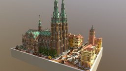 Plaza Day Time cathedral, plaza, european, medieval, market, italian, gothic, town, carriage, clocktower, industrial_age, minecraft, voxel, city