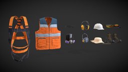 Safety Equipment vest, mining, security, pack, clothes, equipment, headphones, vr, protection, shoes, glasses, safety, mask, harness, gloves, substancepainter, unity, asset, blender, construction, industrial, gameready, safetyequipment
