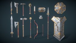 Fantasy Set Of Gnome Weapons arrow, set, bow, staff, shields, mace, swords, knuckles, lance, axe, fantasy, dagger