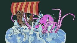 Kraken ambush scene, ancient, rpg, cute, scenery, viking, octopus, anthro, kraken, water, battle, nordic, furry, norse, stylize, sea