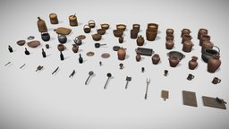 Stylized medieval kitchen props pot, basket, vase, medieval, sack, goblet, kitchen, kitchenware, tankard, stylized, fantasy, bottle, untensils