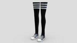 Female Flat Sneakers With Thigh Socks , flat, fashion, girls, long, clothes, sports, shoes, thigh, uniform, casual, womens, teenager, sneakers, canvas, wear, socks, pbr, low, poly, female