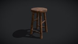 Rustic Wooden Bar Stool tall, stool, restaurant, medieval, seat, worn, seating, bar-stool, chair, wood