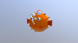 Cartoon Blowfish fish, cute, spikes, fat, weird, blowfish, bubbles, cartoon, animal, funny