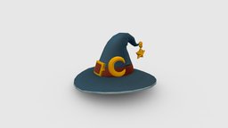 Cartoon wizard hat Low-poly 3D model wizard, moon, cap, doctor, necromancer, star, crescent, sorcerer, magician, lowpolymodel, pentagonal, character, handpainted, cartoon, game, witch, stylized, clothing, sangoma