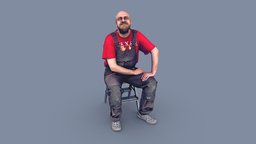 Bald Worker in Overalls & Red T-shirt Sitting people, sitting, garage, ladder, photorealistic, beard, service, worker, labor, professional, uniform, builder, relax, photoreal, overall, bald, emotion, handyman, coveralls, man, construction, satisfied
