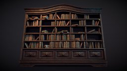 Old bookshelf walnut, spain, leather, prop, antique, furniture, old, spanish, baroque, xviii, clasic, xviiicentury, substancepainter, handpainted, book, game, blender, gameasset, gameready