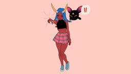 demon girl demi and her pet "dundundun" horns, cute, demon, pet, manga, animegirl, demongirl, free, stylized, anime, mangagirl