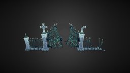 Low Poly Cemetery Gates fence, gate, cross, broken, painting, celtic, fencing, metal, spike, destroyed, cold, pole, texture, stone, blue, halloween, spooky, hand
