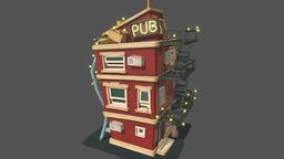 Free Cartoon House Pub lights, red, pub, neon, casual, unwrapped, triangulated, unity, cartoon, asset, game, pbr, house, free, stylized, building, basic, environment