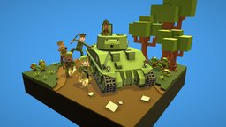 World War 2 cartoon diorama armor, videogame, american, handpainted, cartoon, lowpoly, voxel, war