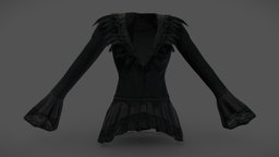 Feathers Neckline Female Raven Top fashion, medieval, jacket, top, long, clothes, bell, raven, coat, sleeves, feathers, fabric, sweater, womens, lace, outfit, shoulders, edges, hem, cool, pbr, low, poly, female, fantasy, black, royal, neckline