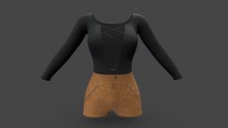 Suede Shorts Laced Chest Top Female Outfit chest, women, shorts, girls, top, long, pants, spring, brown, summer, sleeves, womens, suede, outfit, blouse, laces, pbr, low, poly, female, black, laced