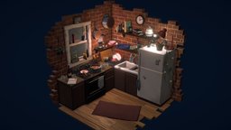 Comfy Kitchen scene, room, food, plants, night, cabin, kitchen, cooking, isometric, blendernation, substancepainter, substance, handpainted, low-poly, blender, lowpoly, gameart, hand-painted, house, home, wood, handpainted-lowpoly, environment