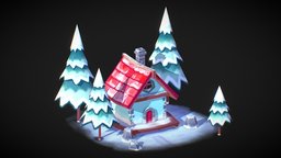 Cosy Winter Cottage cottage, winter, pine, snow, handpaintedwinterscene, chamney, stone, house, wood, rock