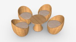 Rattan four chair and table set 03 wooden, armchair, set, vintage, rattan, comfortable, seat, natural, brown, furniture, table, wicker, outdoor, round, decor, old, 3d, pbr, chair