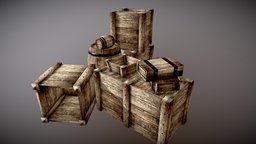 Wooden crates and barrels crate, barrel, medieval, western, box, low-poly, lowpoly, wood, fantasy