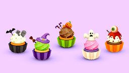 Halloween Cupcakes bat, cupcake, cemetery, cupcakes, wizardhat, lowpoly, witch, ghost, halloween, pumpkin, cupcake-monster