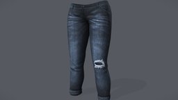 Female Ripped Rolled Legs Skinny Low Rise Jeans cute, legs, pants, summer, gray, rise, skinny, jeans, slim, fit, casual, ripped, denim, rolled, washed, pbr, low, poly, female, blue