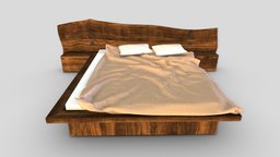 Budkins Bed Hard Massive wooden, bed, bedroom, blanket, brown, furniture, hi-poly, pillows, massive, doublebed