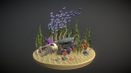 Underwater Environment fish, underwater, coral, diorama, seaweed, kelp, substancepainter, substance, stylized, environment, bones