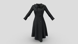 Asymmetric Buttoned Up Female Trench Coat cute, winter, trench, front, fashion, up, girls, jacket, clothes, closed, coat, womens, elegant, asymmetric, hoodie, hooded, wear, buttoned, pbr, low, poly, female, black