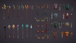 Fantasy weapons set arrow, set, stick, bow, staff, twohanded, bundle, quiver, weapon, handpainted, lowpoly, axe, sword, stylized, fantasy, shield, magic