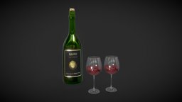 Wine Bottle and Glasses drink, wine, valentine, valentines, party, alcohol, anniversary, winebottle, wineglass, vineyard, wine-bottle, bottle-wine, alcoholicdrink, wine-glass, low-poly, lowpoly, bottle, partyfood, bottle-of-wine, alcohol-bottle