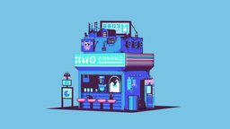 Pixel Storefront cute, cyberpunk, diorama, neon, handpainted, lowpoly, pixel, pixelart