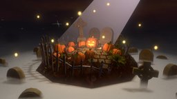 Pumpkin Graveyard Halloween Diorama fence, graveyard, moon, grass, plants, firefly, cemetery, stars, stylised, diorama, fall, pumpkins, moonlight, autumn, handpaintedtexture, fog, gravestones, fireflies, maya, unity, lowpoly, zbrush, halloween, pumpkin, spooky, environment, halloween-2020