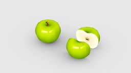 Cartoon green apple and slice Low-poly 3D model drink, food, fruit, garden, apple, orchard, cut, beverage, eat, farm, juice, nature, sweet, health, acid, lowpolymodel, planting, sour, handpainted