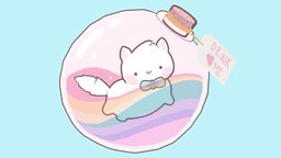 Love Potion cat, cute, chibi, kitty, prop, love, bubble, rainbow, star, characterart, kawaii, kitten, potion, liquid, pastel, low-poly-art, character, art, model, bottle