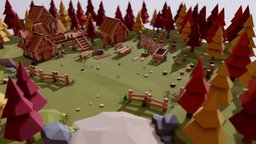 Fantasy Village "Lumbermill Autumn" tree, forest, medieval, prototype, fall, autumn, unity, unity3d, lowpoly, fantasy, village