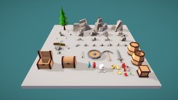 Stones And Buried Treasure rpg, barrel, chest, jewelry, rocks, crystal, pack, props, low, poly, stone, sword, shield, gold, environment, bones